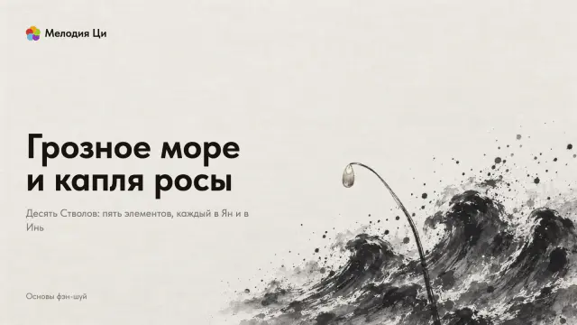 Низкая полоса бурного моря из брызг туши, перед ней тонкая травинка, на кончике которой висит капля росы, вышитая шёлком