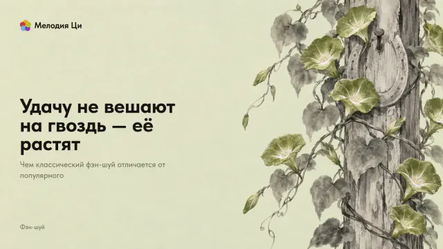 Старый деревянный столб с бледной подковой, написанный размывкой туши, обвит вьюнком с яркими цветами, вышитыми шёлком