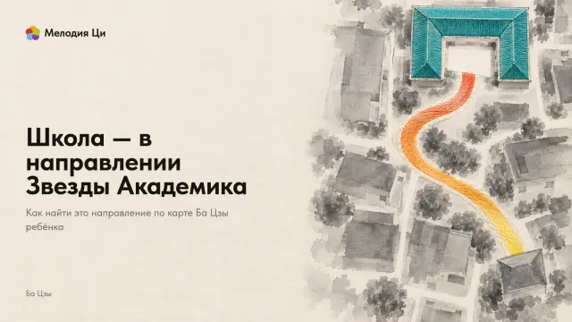Светлый квартал сверху, написанный размывкой туши: от дома к школе вьётся яркая тропа, вышитая шёлком, крыша школы тоже вышита