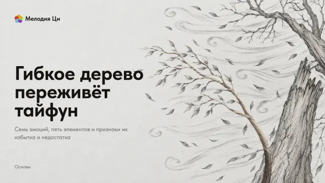 Тонкими линиями туши — порыв тайфуна и сломанный старый ствол, рядом молодое деревце гнётся по ветру, его ствол вышит шёлком