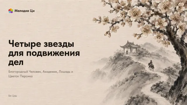 Светлые холмы мокрой тушью, дорога с крошечным всадником ведёт к павильону, над ней цветущий персик, цветки вышиты шёлком
