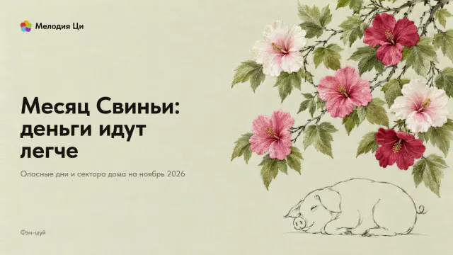 Ветка гибискуса свисает сверху, семь её цветов вышиты шёлком от белого до алого, под ней дремлет свинья, написанная тонкой линией туши