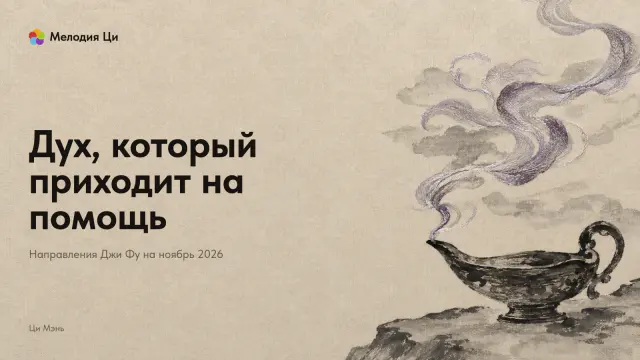 Справа внизу стоит чёрно-серая лампа на камне, из неё вверх уходит лилово-серебристый дым; слева широкий пустой бежевый фон с заметной фактурой ткани.
