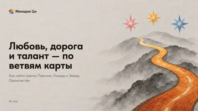 Холмы светлыми мокрыми пятнами туши, по ним вверх уходит яркая вышитая шёлком дорога, над гребнем — три вышитые звезды разного цвета