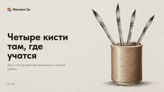 Четыре кисти, написанные серой сухой кистью, стоят веером в высоком стаканчике, целиком вышитом шёлком тёплых коричневых тонов