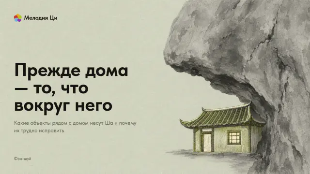 Над маленьким нарядным домом, вышитым шёлком, нависает серая скала, написанная мокрой тушью и обрезанная краем кадра