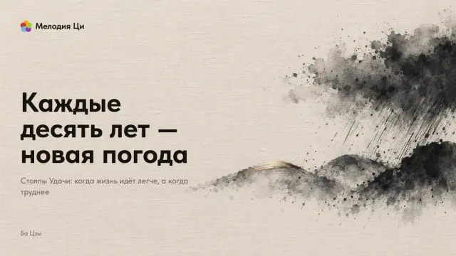 Низкие холмы из брызг туши, над правыми уходит ливень, а на вершине левого холма лежит вышитый шёлком солнечный блик