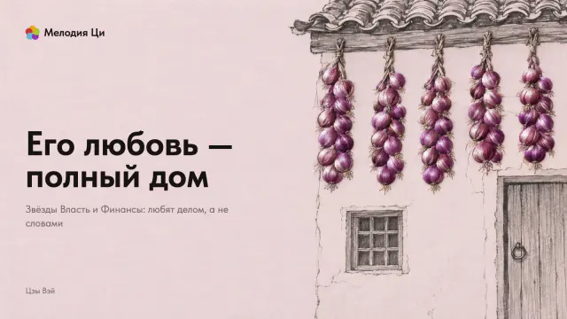 Стена деревенского дома под карнизом, написанная тонкой линией тушью, а под карнизом висят пять связок лука, ярко вышитых сливовым шёлком