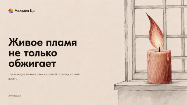 Решётчатое окно, написанное тонкой серой линией, на подоконнике — крупная свеча с живым пламенем, вышитая яркой терракотовой гладью