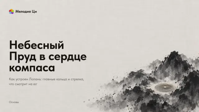 Низкая гряда гор из разлитой и брызганной туши, в её глубине маленький круглый пруд, вышитый шёлком концентрическими кольцами