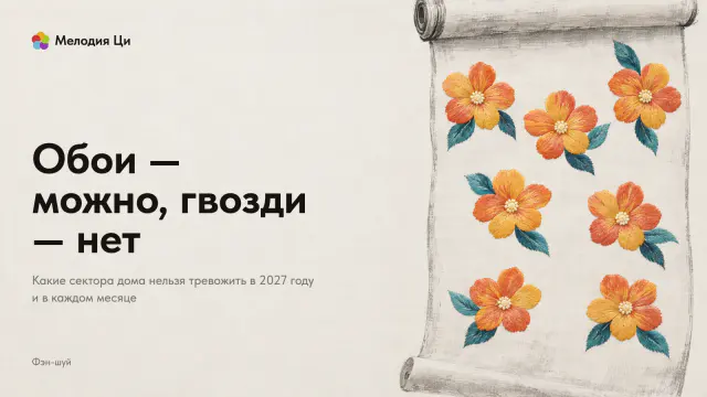 Рулон обоев, написанный светлой сухой кистью, свисает сверху, на его полотне семь ярких цветков узора, вышитых шёлком