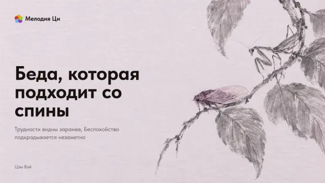 Ветка с листьями, написанная сухой кистью, на её конце сидит вышитая шёлком цикада, а сзади по ветке к ней крадётся богомол