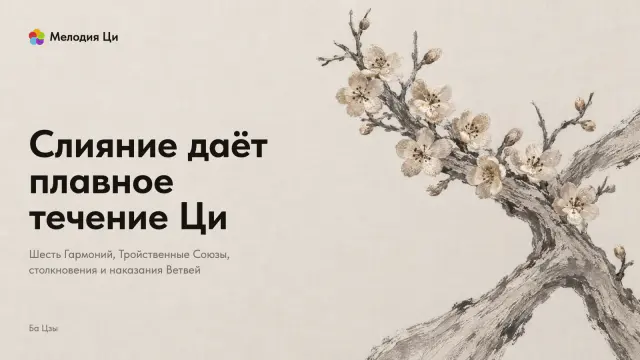 Две ветви, написанные сухой кистью серой тушью, срастаются в одну, и на ней распускаются цветки миндаля, вышитые шёлком