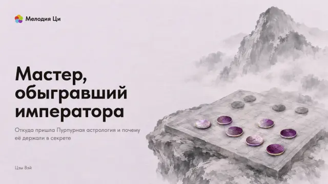Доска для игры на камне у подножия светлой горы, написанная мокрой тушью, на ней семь ярких пурпурных фишек, вышитых шёлком
