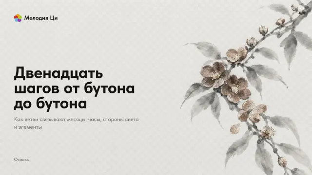 Светлая ветка мокрой тушью дугой спускается справа, вдоль неё двенадцать вышитых шёлком цветков: от бутона к полному цвету, увяданию и новому бутону