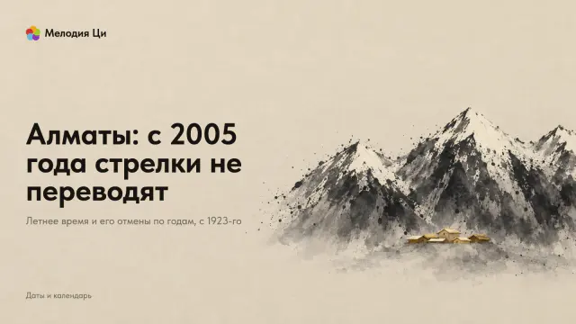 Снежный горный хребет из брызг туши низкой полосой справа, у его подножия крошечный город, вышитый шёлком цвета охры