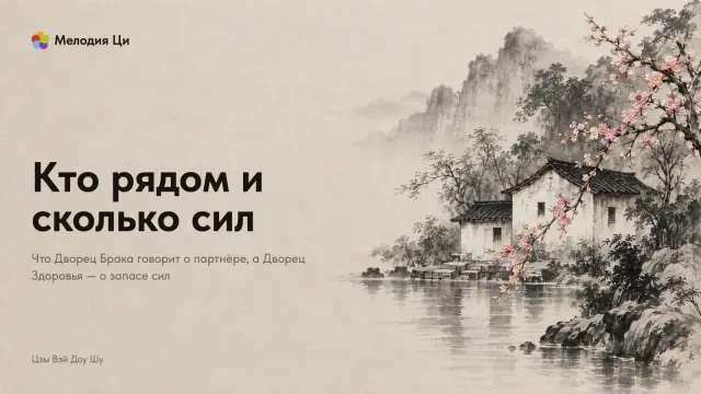 Светлый шелковый фон слева и монохромный горно-речной пейзаж с домами справа; поверх справа проходит розовая цветущая ветка.